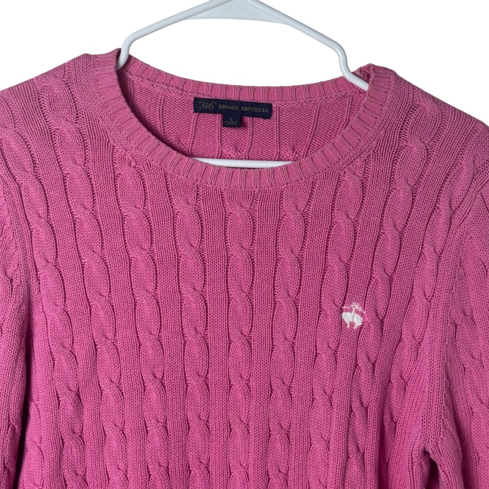 Brooks Brothers 346 Cable Knit Sweater Womens L Pink Cotton Crewneck Logo
